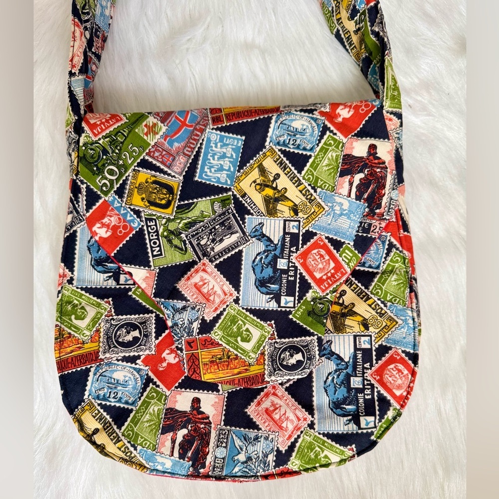 Vintage Postage Stamp Print Shoulder Bag Multicolor Travel-Inspired Handmade - Picture 3 of 11